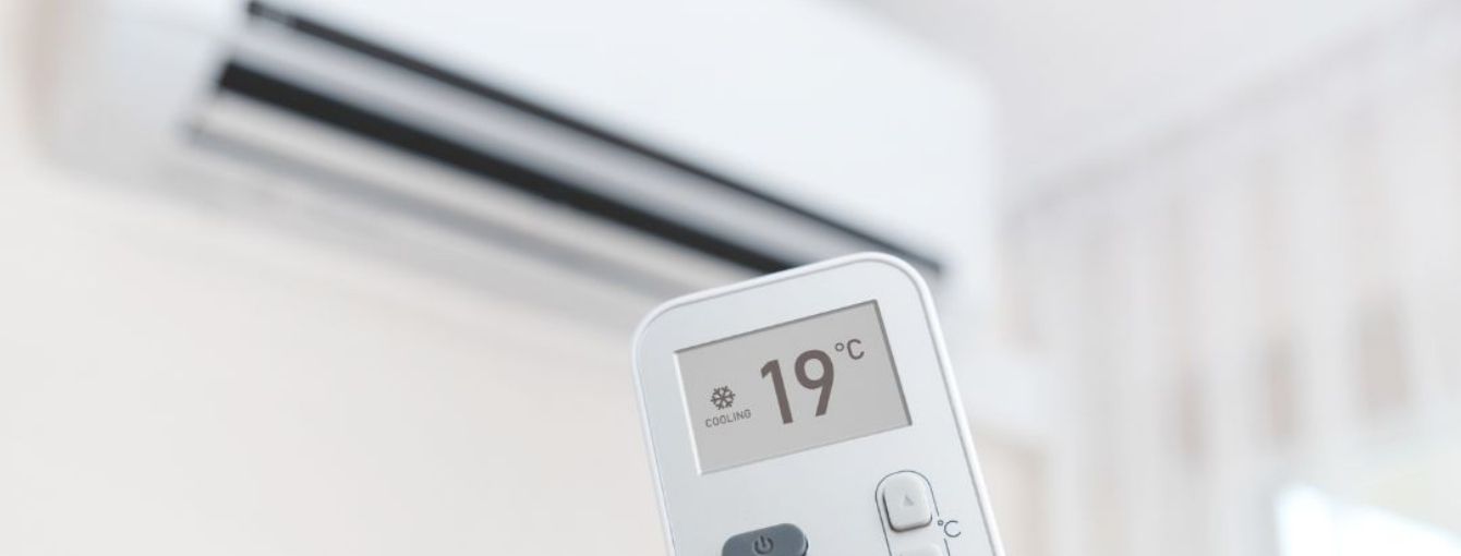 An air conditioning unit with a remote thermostat.